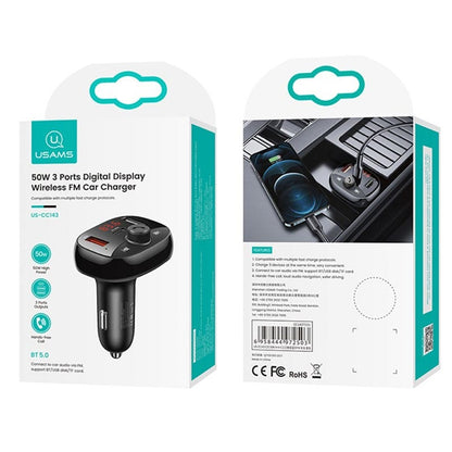 USAMS CC143 C25 50W Dual USB + Type-C 3 Ports Digital Display Wireless FM Car Charger
