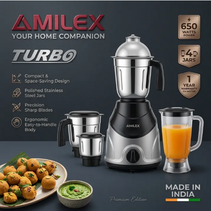 High Grade Indian Mixer Grinder 4 in 1 Steel Cups with 1.5 Liter Plastic Jar 650 Watts