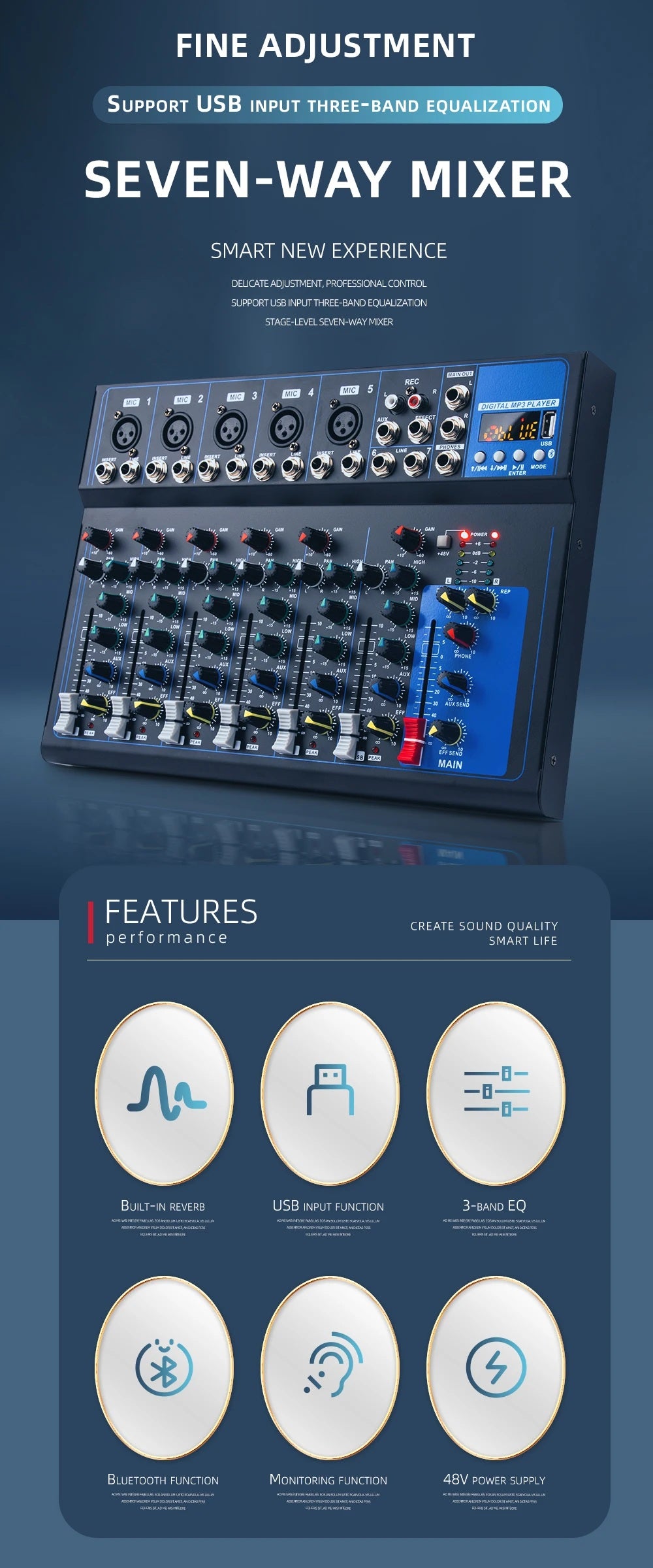 7 channel mixer F7 Bluetooth USB reverb Home F4 KTV stage performance live network song karaoke 4 channel mixing sound table