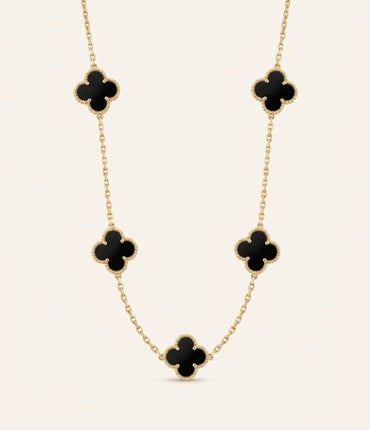 Elegant Golden Multi Black Onyx Clover Lucky Motif Statement Necklace