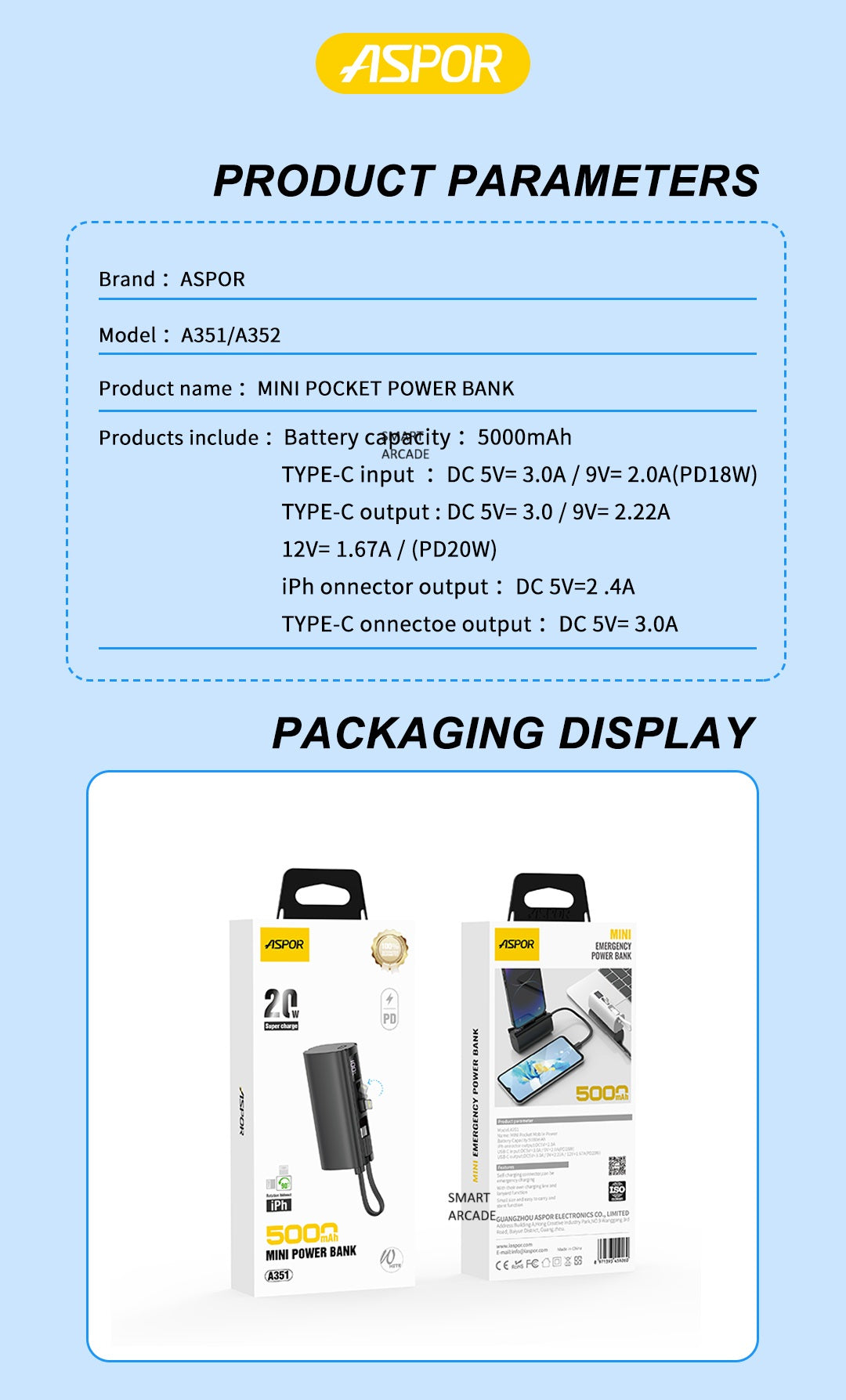 Aspor A351 Powerbank 5000mAh 20W Capacity Easy Use Flexible Portable Mini Finger Emergency Power Station