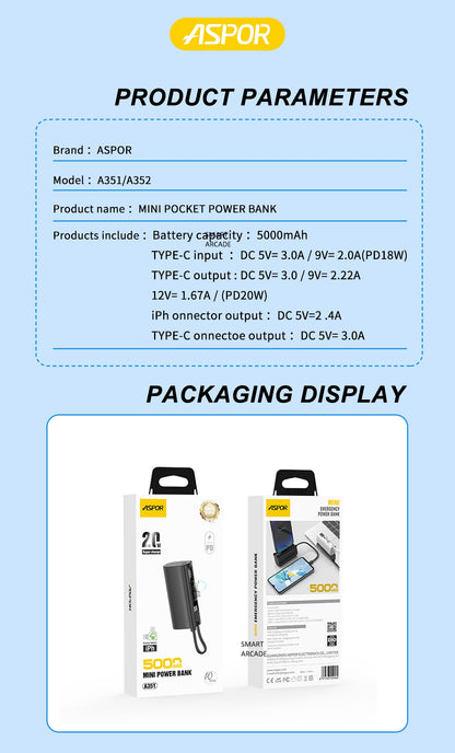Aspor A351 Powerbank 5000mAh 20W Capacity Easy Use Flexible Portable Mini Finger Emergency Power Station