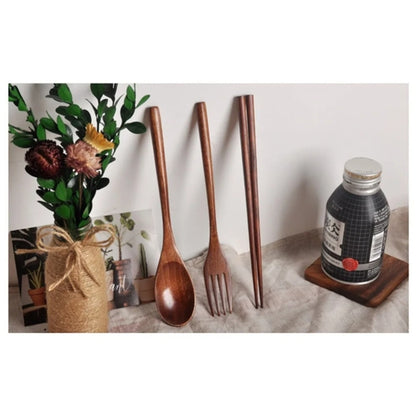 Japanese-Style Wooden Spoon, Fork & Chopsticks 3-Piece Set – Long Handle Solid Wood Portable Cutlery