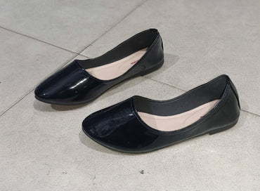 Girls Flat Black Shining Court Shoes