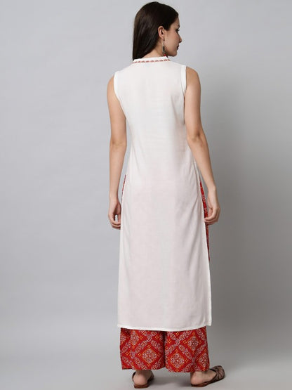 Women White Bandhani Embroidered Kurta with Palazzos