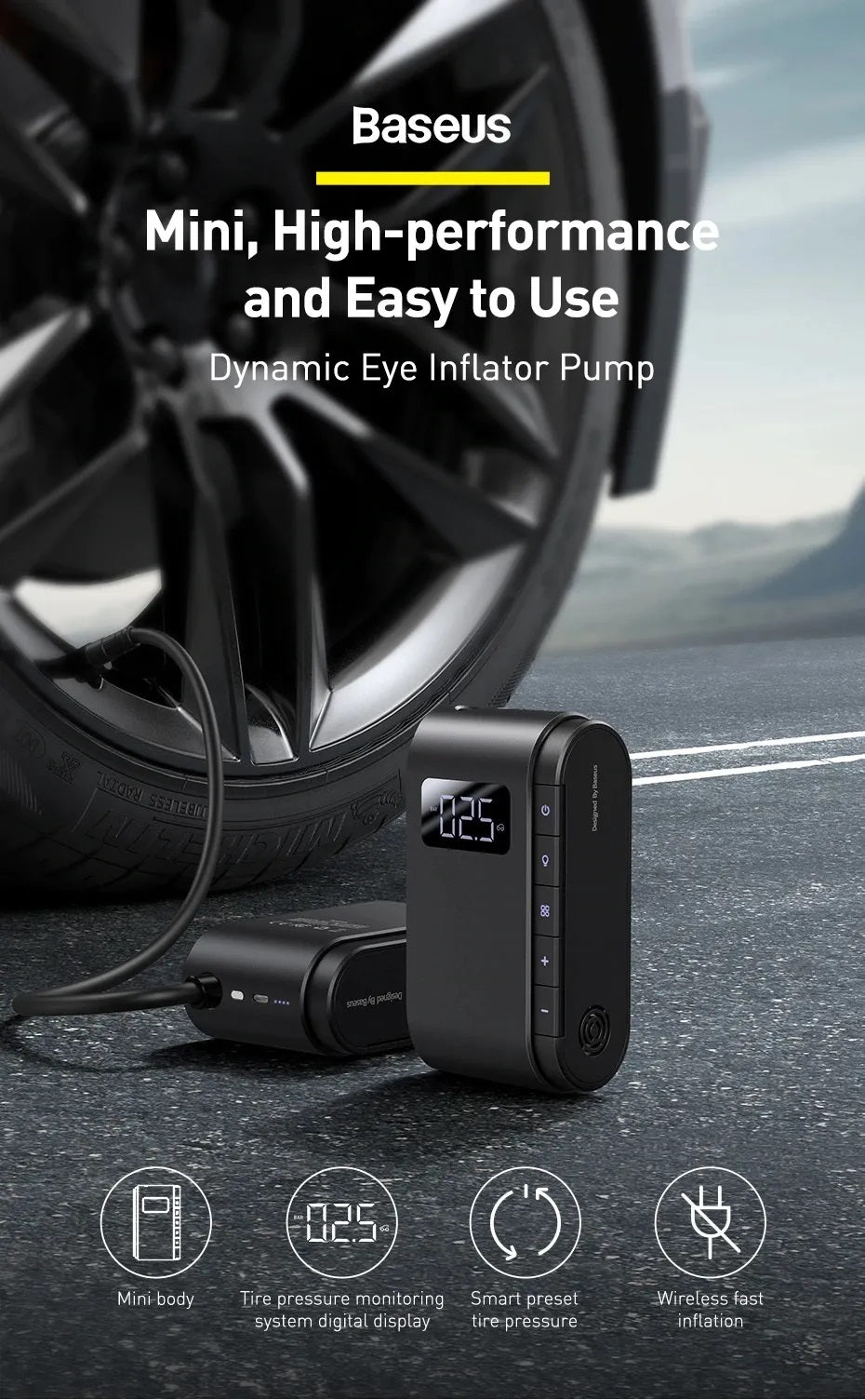 BASEUS Dynamic Eye Inflator Pump Motorcycle Bicycle Car Tire Inflatable Digital Portable Electric Auto Pump