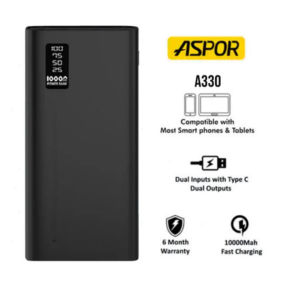 Aspor a330 10000MAh Power Bank | 12W Fast Charge Portable Charger with LED Display