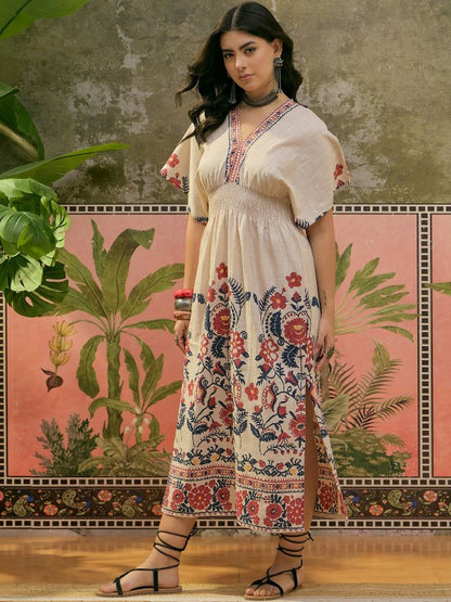 Printed Cotton V-Neck a-Line Knee Length Dresses