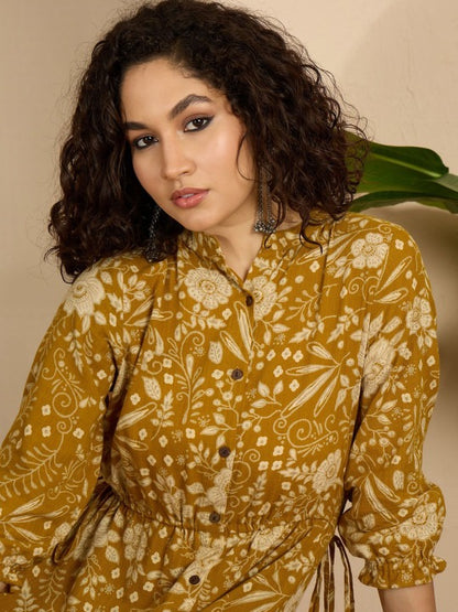 Women Floral Printed Puff Sleeve a-Line Midi Dress