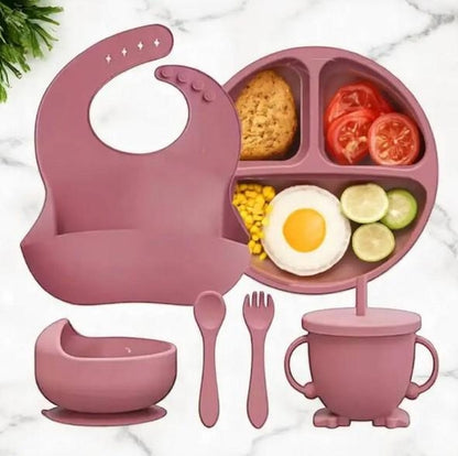 Baby Feeding Set 6Pcs Panda Silicone Baby Plate Infant Silicon Bib Suction Bowl Cup Spoon Forks Set