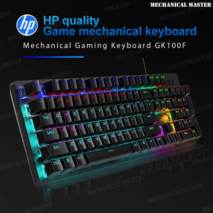 HP GK100F Mechanical Gaming Wired Keyboard with Mixed Backlight, 104 Keys Blue Switch, 60 Million Times Key Life, Metal Pan for PC Office Home