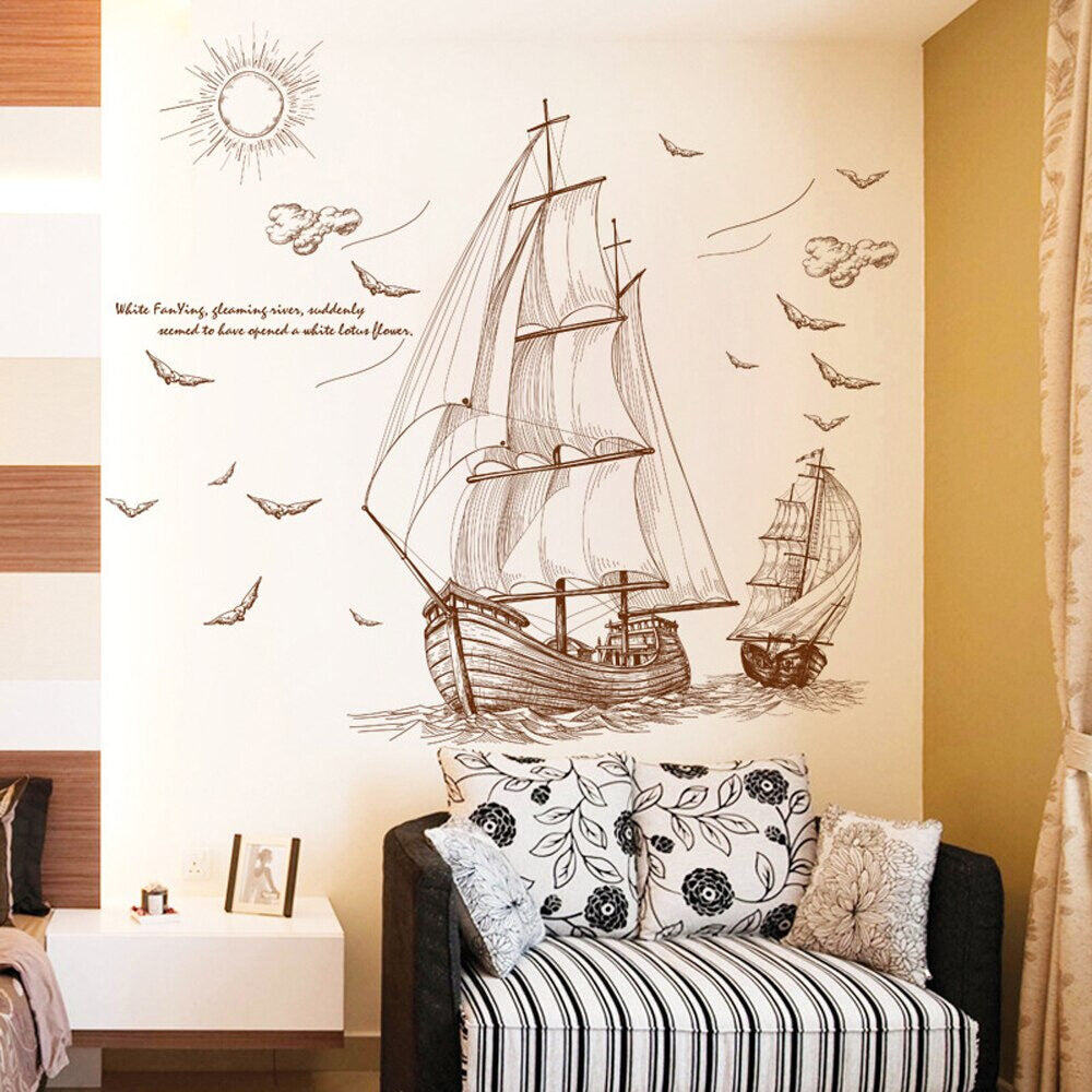 Buy More Brown Ships sailing in deep sea classic wall decoration Sticker room wallpaper bedroom nursery window decor wall stickers wedding decoration birthday decoration kids room decoration Wall Stickers