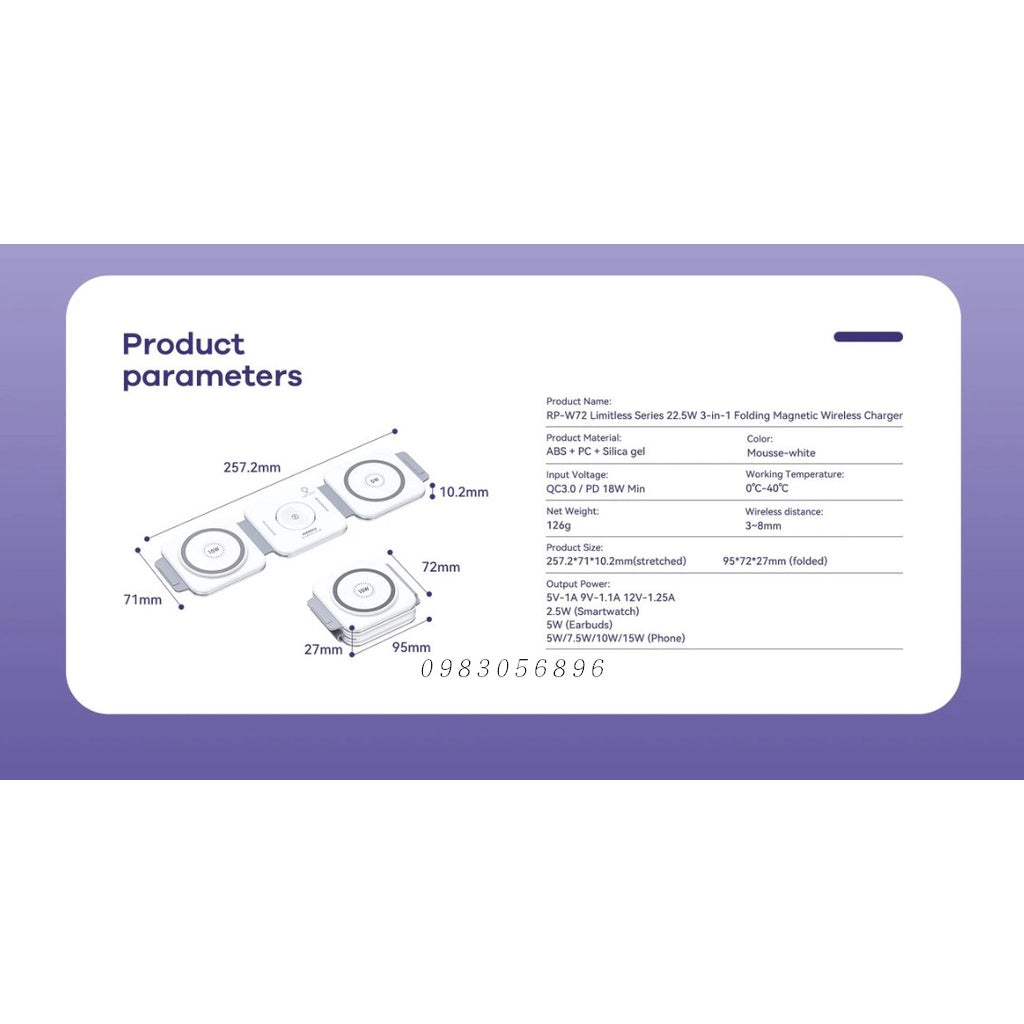Remax RP-W72 22.5w 3in1 Magnetic Wireless Charger For Mobile Smart Watch & Wireless Earbuds
