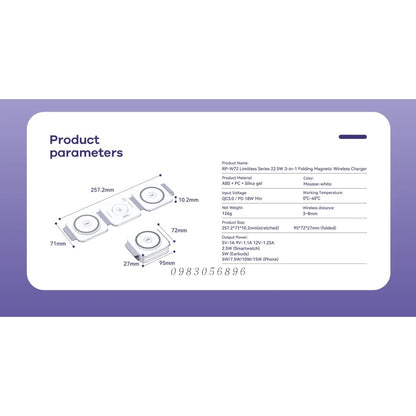 Remax RP-W72 22.5w 3in1 Magnetic Wireless Charger For Mobile Smart Watch & Wireless Earbuds