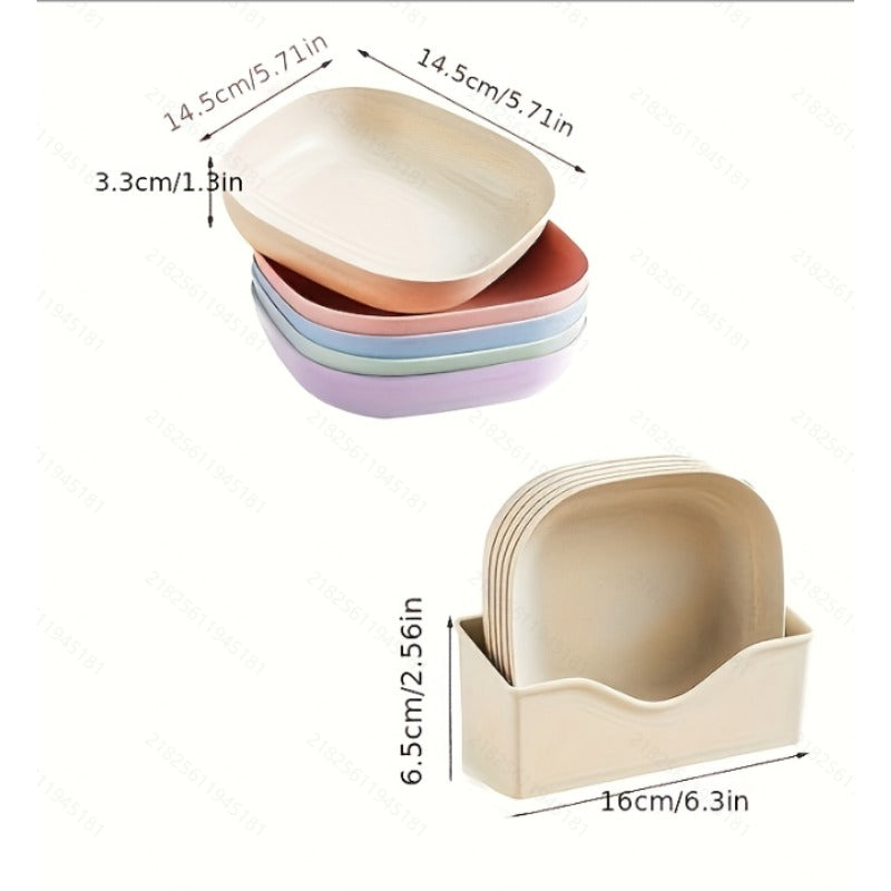 10-Piece Square Plastic Plate Set with Stand – Random Colors, Durable & Portable for Snacks