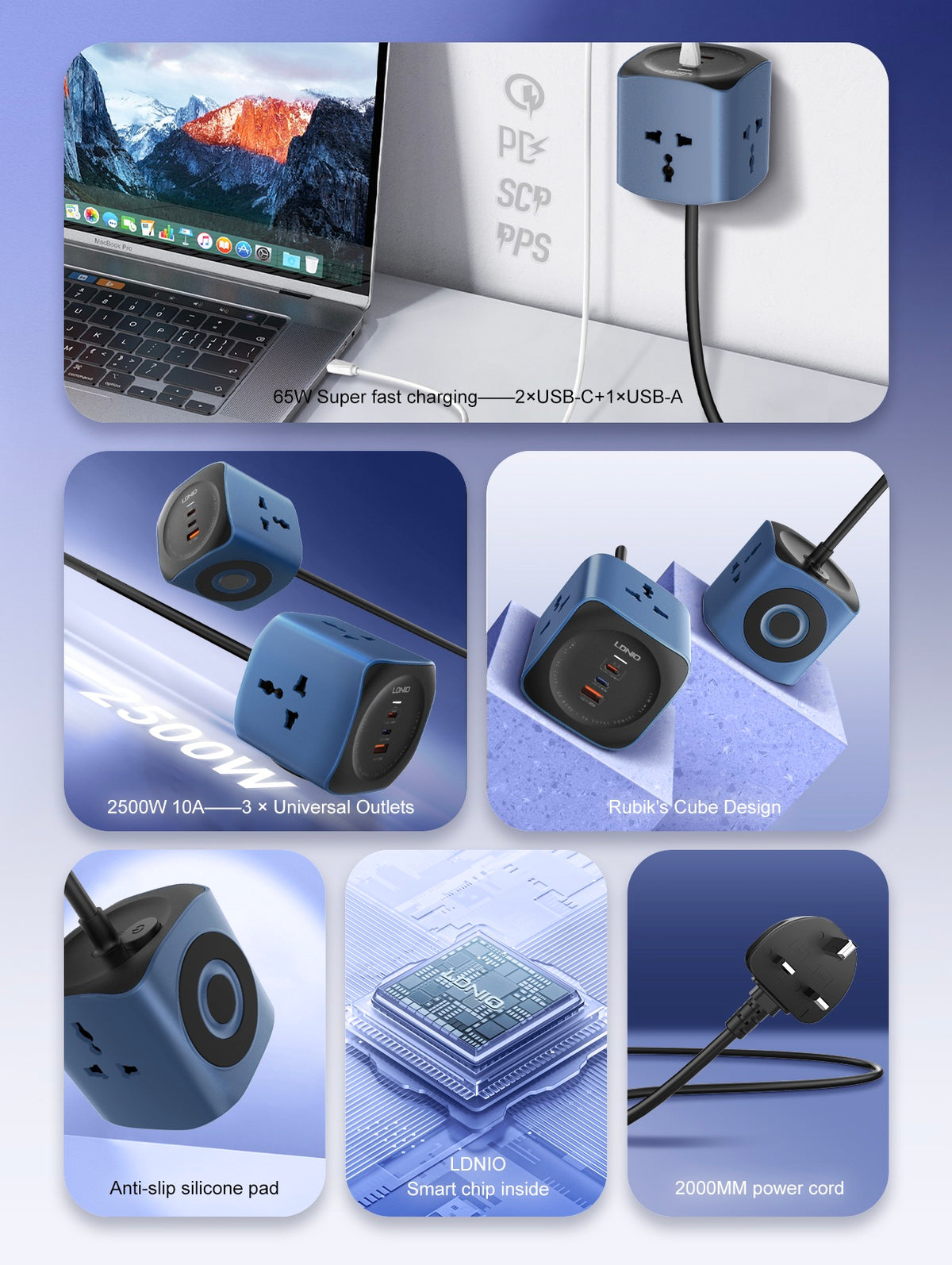 LDNIO SC3319 10A 2500W Cube Power Socket with 3AC Outlets+USB-A+2USB-C