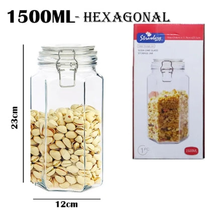 Square/Hexagonal Glass Food Storage Jars with Airtight Clamp Lids