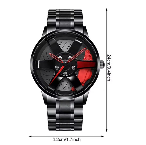 Stainless Steel Wheel Rim Style Quartz Wrist Watch – Vacuum Plated Car Hub Design