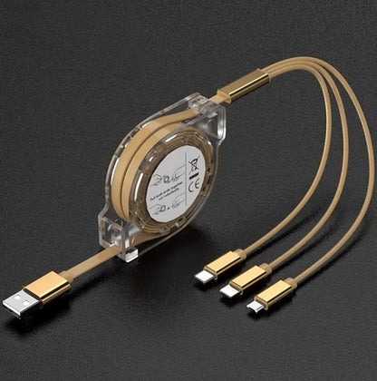 3-In-1 Retractable Fast Charging Cable – Type-C, Lightning & Micro USB, 10-20W with Digital Display