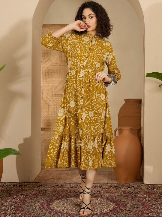 Women Floral Printed Puff Sleeve a-Line Midi Dress