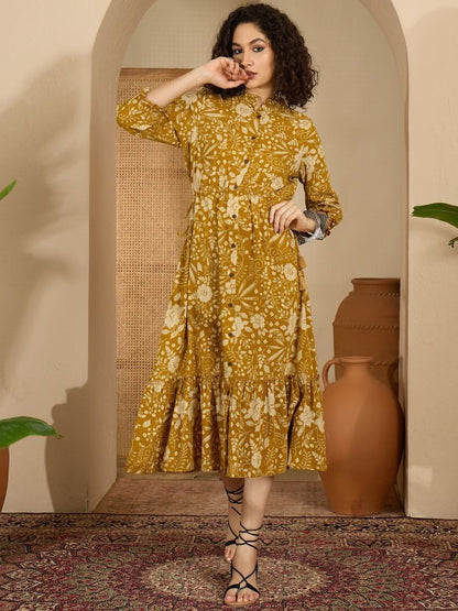 Women Floral Printed Puff Sleeve a-Line Midi Dress