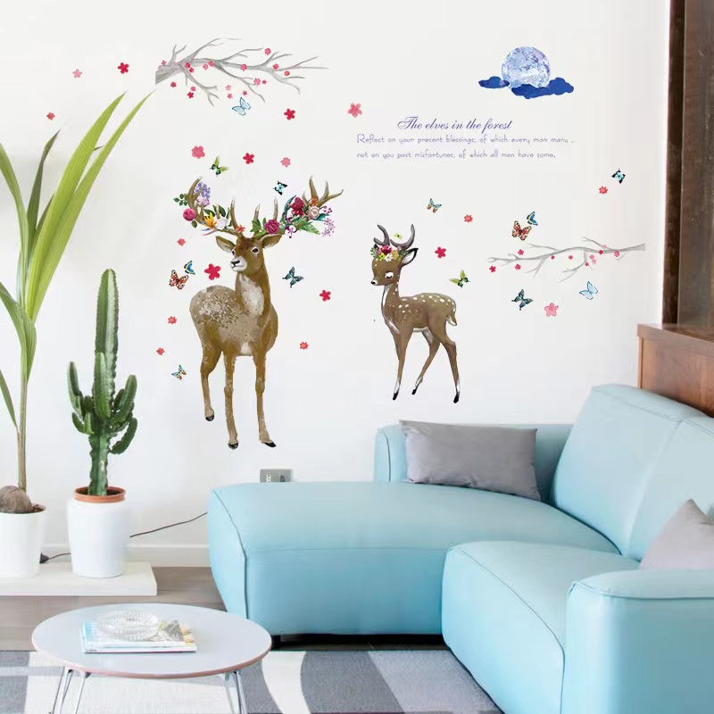 Two Deer Sticker Bird Fairy Flowers Sticker room wallpaper bedroom nursery window decor without Radium stars star wall stickers wall decoration flower butterfly wedding decoration birthday decoration kids room decoration Wall Stickers