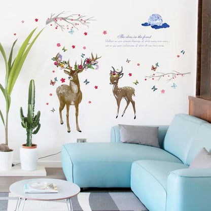 Two Deer Sticker Bird Fairy Flowers Sticker room wallpaper bedroom nursery window decor without Radium stars star wall stickers wall decoration flower butterfly wedding decoration birthday decoration kids room decoration Wall Stickers