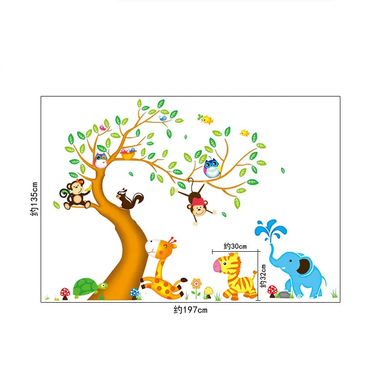 Big Tree Animals Cartoon Theme Kids Wall Art Decal Sticker Decoration for Living Room Nursery Baby Girl Boy Kid Children's Room Bedroom Decoration