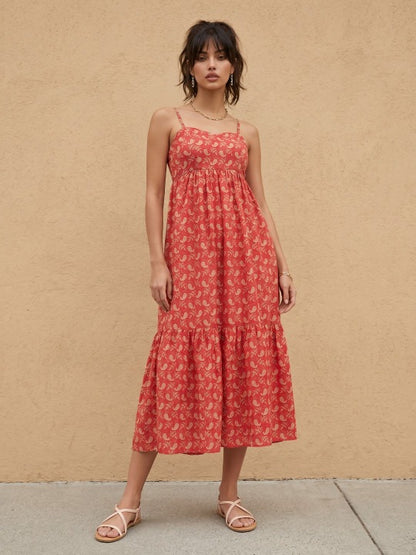 Paisley Printed Sweetheart Neck Midi Tiered Dress