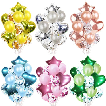 14 Pcs Confetti Decorative Party Balloons Set (Star, Heart Shaped Foil Balloons & Confetti Filled Latex Party Balloons Set) Birthday Balloon set / Happy Birthday theme / wedding Anniversary / kids / welcome Party /Baby shower/Bridal Shower and other event
