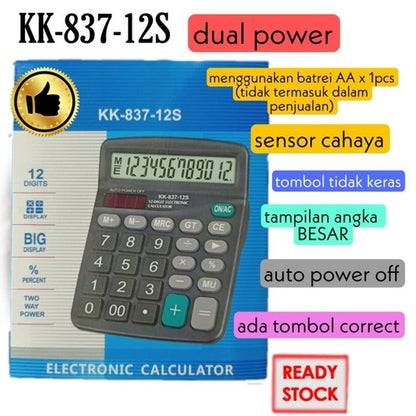 KK-837-12S 12-Digit Desktop Calculator, Large LCD, Solar & Battery Powered, Black