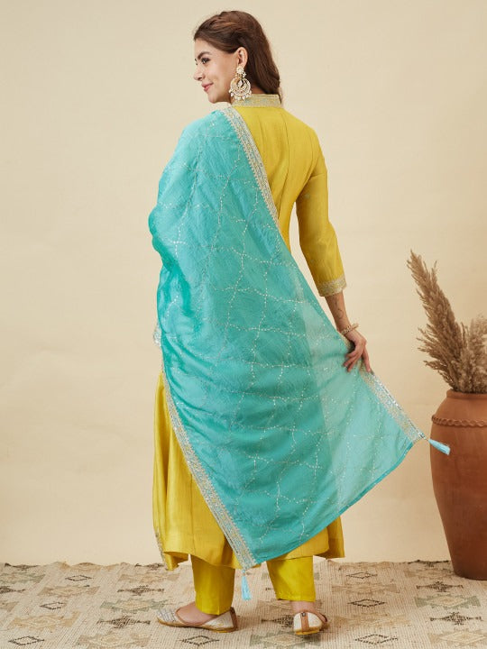 Women Silk Embroidered Anarkali Kurta and Pant with Dupatta Set