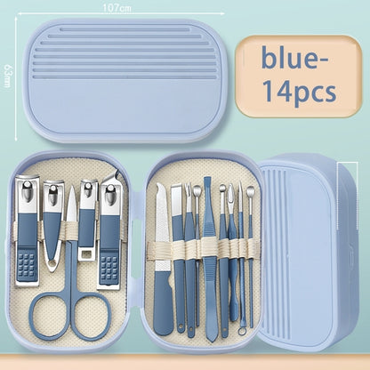 14Pcs Premium Manicure and Pedicure Kit in Pink and Blue, Featuring Stainless Steel Nail Scissors