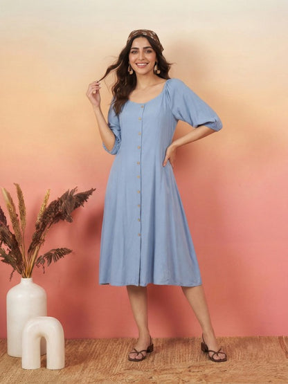 Puff Sleeve a-Line Midi Dress