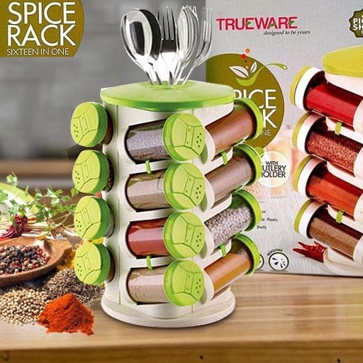 Prime Trueware Plastic Spice Rack, 16-in-1 Organizer with Cutlery Holder, Safe BPA-Free Plastic