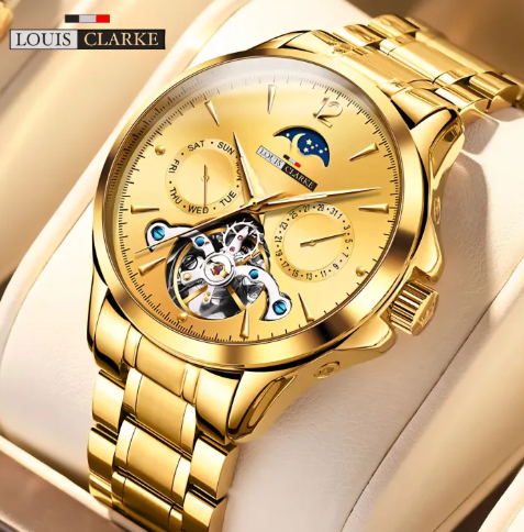 LOUIS CLARKE Fashion Brand Gold Steel Tourbillon Watch Men Sports Business Moon Phase Quartz Watches