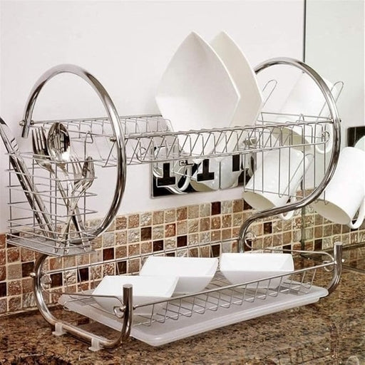 Space-Saving 2-Tier S Shaped Dish Drying Rack Kitchen Organizer with Stainless Steel Build