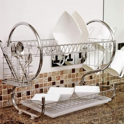 Space-Saving 2-Tier S Shaped Dish Drying Rack Kitchen Organizer with Stainless Steel Build