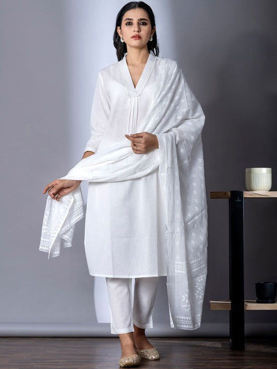V-Neck Pure Cotton Straight Kurta with Palazzos and Dupatta