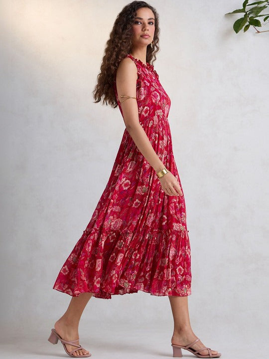 Floral Print Ruffled Chiffon Fit & Flare Midi Dress