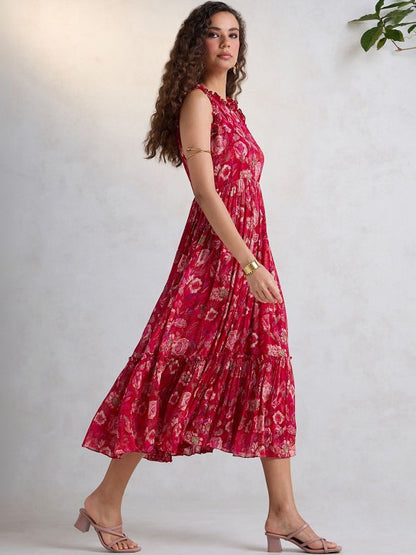 Floral Print Ruffled Chiffon Fit & Flare Midi Dress