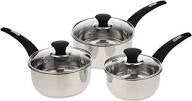 3Pcs Stainless Steel Saucepan Set with Cool Touch Handles and Glass Lids