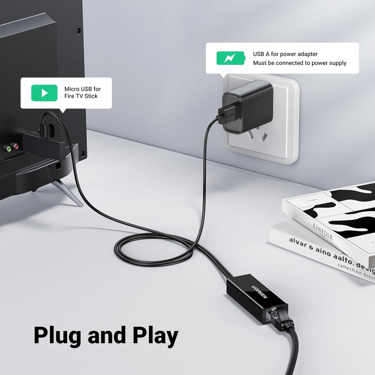 UG Micro USB Ethernet Adapter, Ethernet Adapter with 3.3 ft Cable & Power Cord, Compatible with Fire TV Stick Basic/4k/4k Max/Lite, Chromecast 1/2/3/Ultra/, Roku Express 4k, Plug & Play