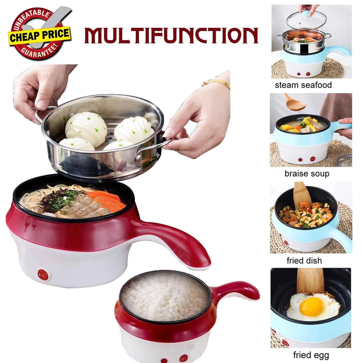 Multi-Function Portable Cooker Non-Stick Stainless Steel Electric Skillet Fry Pan Rice Cooker