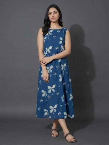 Lightweight Indigo Floral Stunning Heart-Shaped Back Cut-Out Dress