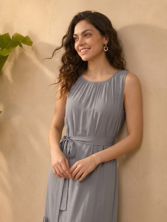 Belted Fit & Flare Midi Dress