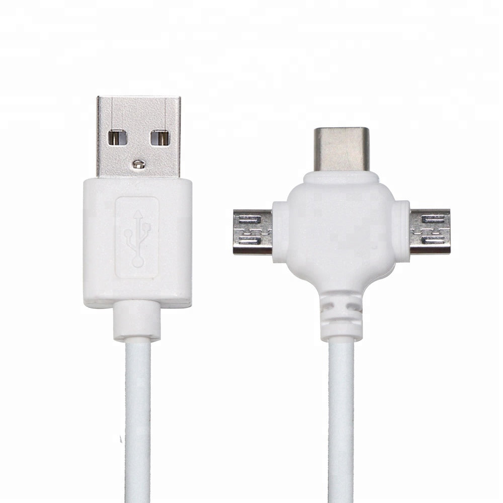 High Quality Fast Charging 3 in 1 Charger Cable For IOS Micro USB & Type C - White