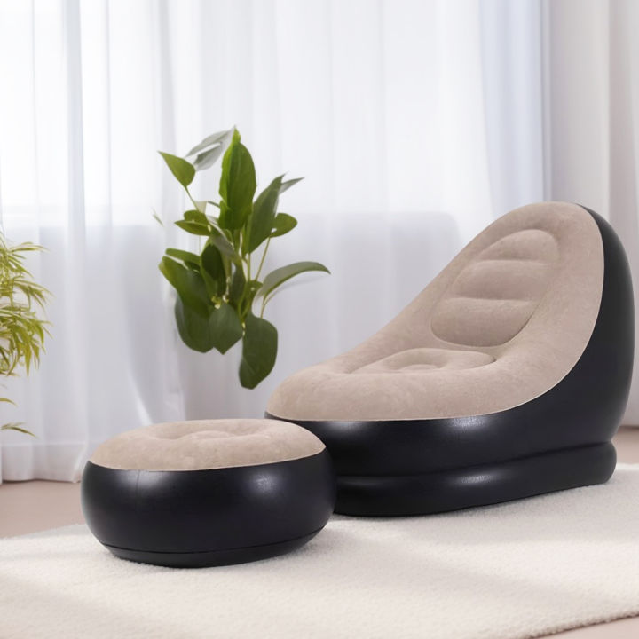 Inflatable Lounge Chair with Footrest – Portable Flocked Sofa, Lazy Single Sofa Bed for Indoor & Out