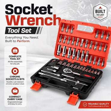 53-Piece Car & Bike Socket Tool Set – 1/4" Ratchet Wrench Kit with Toolbox for Auto Repair