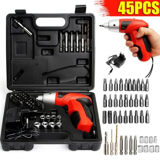 45 Pieces Set Pivoting Cordless Screwdriver Set, Power Tool with Rechargeable 3.6V Battery, Bits